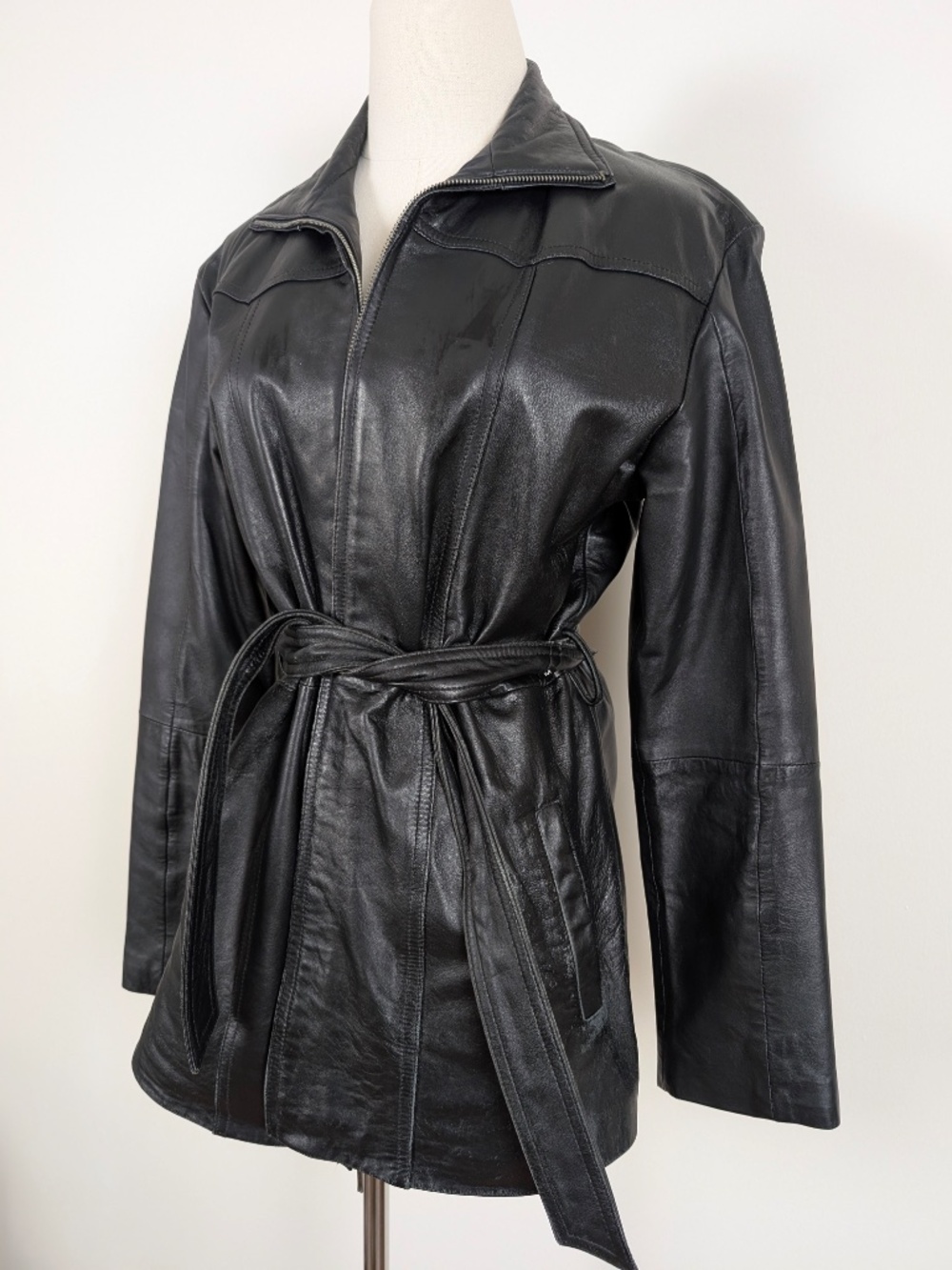 Vintage Leather Jacket Belted Size Medium Black Biker - Picture 4 of 14